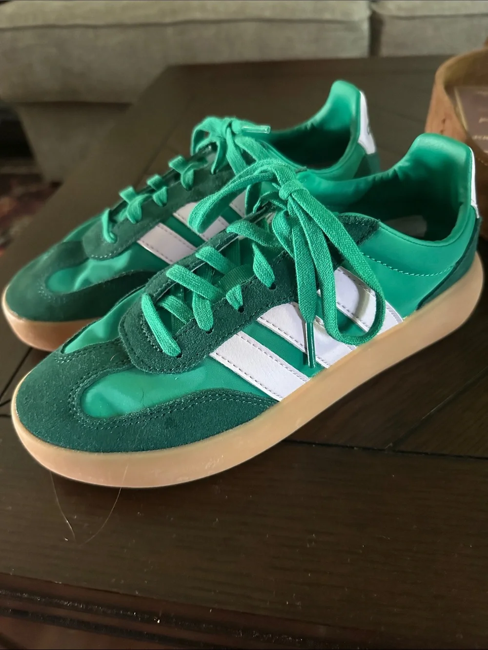 Women’s Green Adidas Sneakers with Light Pink Stripes